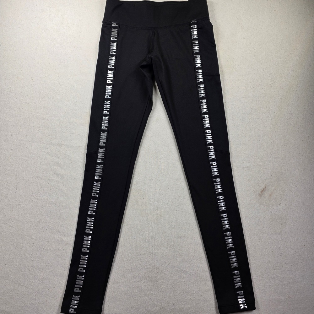Pink Victoria's Secret Cozy Leggings Black Silver Logo Tape Side Pocket XS